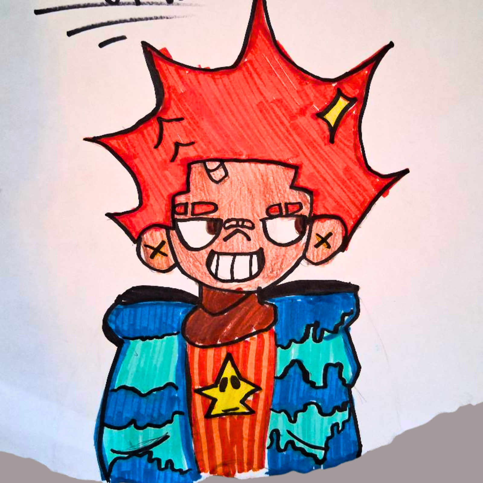 A child's drawing of a boy with bright orange spiky hair, wearing a pumpkin-orange turtleneck and a two-tone blue unzipped jacket. Sweet, cheerful expression. Handmade children's art full of warmth.